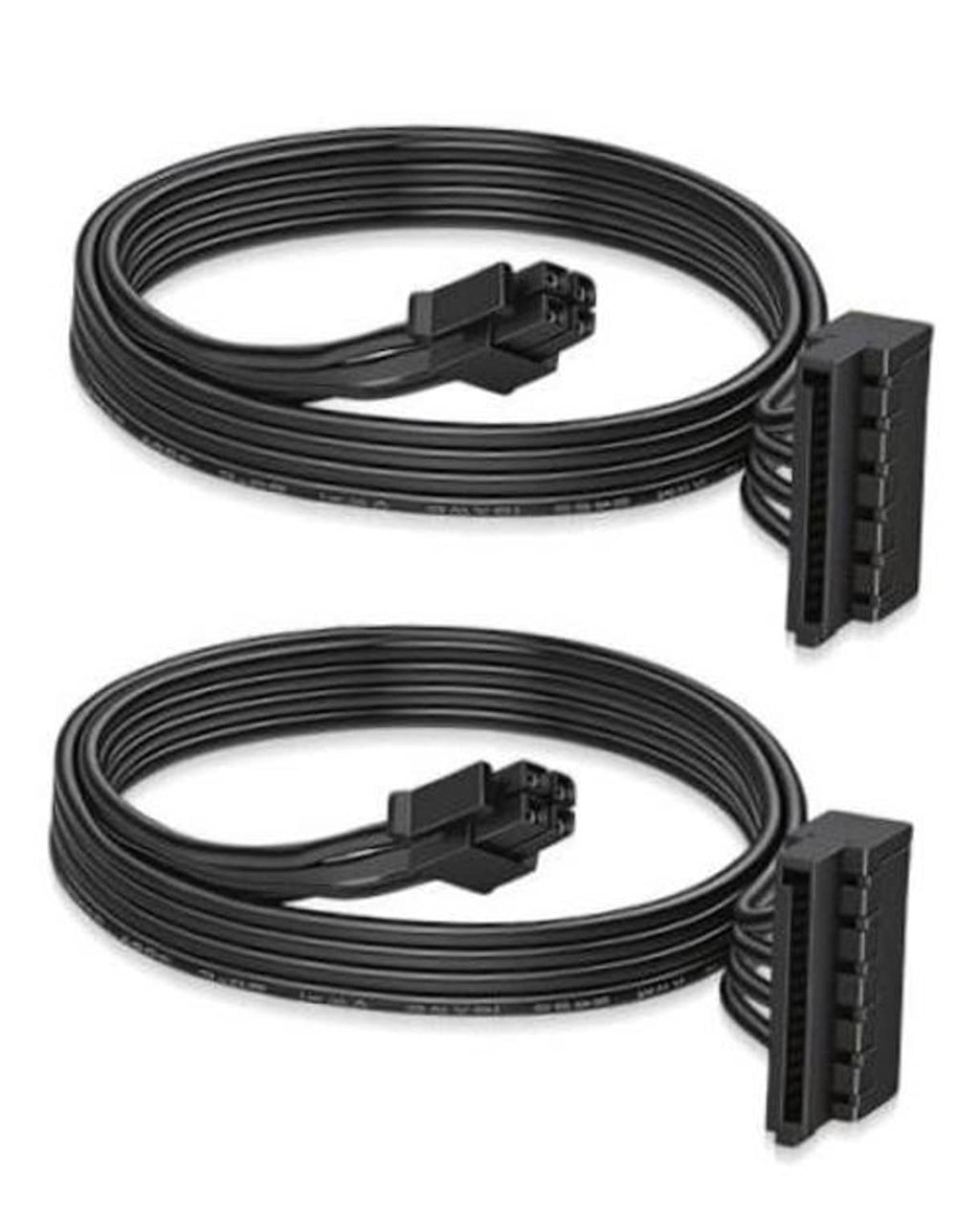 Black SATA power cable with mini 4-pin and 15-pin connectors on a ribbed wire.