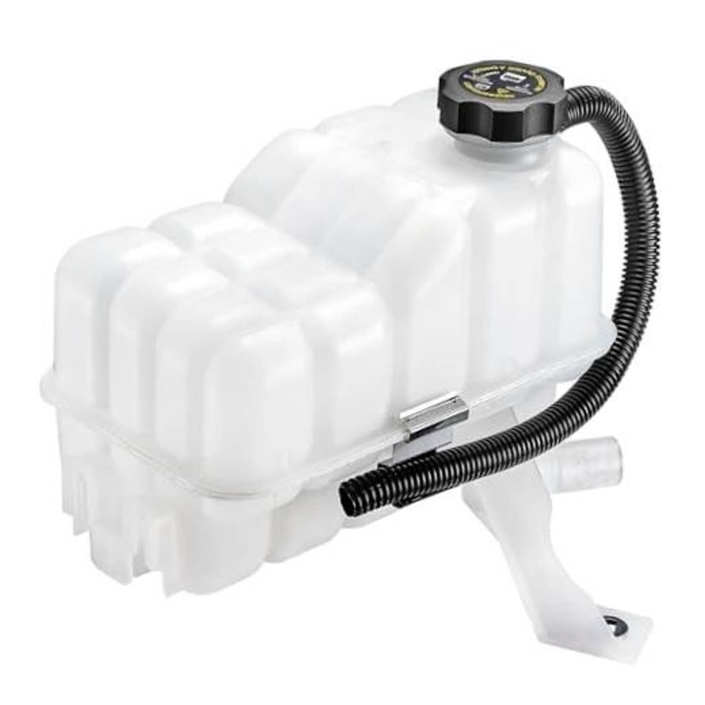 White engine coolant overflow reservoir tank with black hoses and round cap