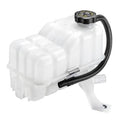 White engine coolant overflow reservoir tank with black hoses and round cap