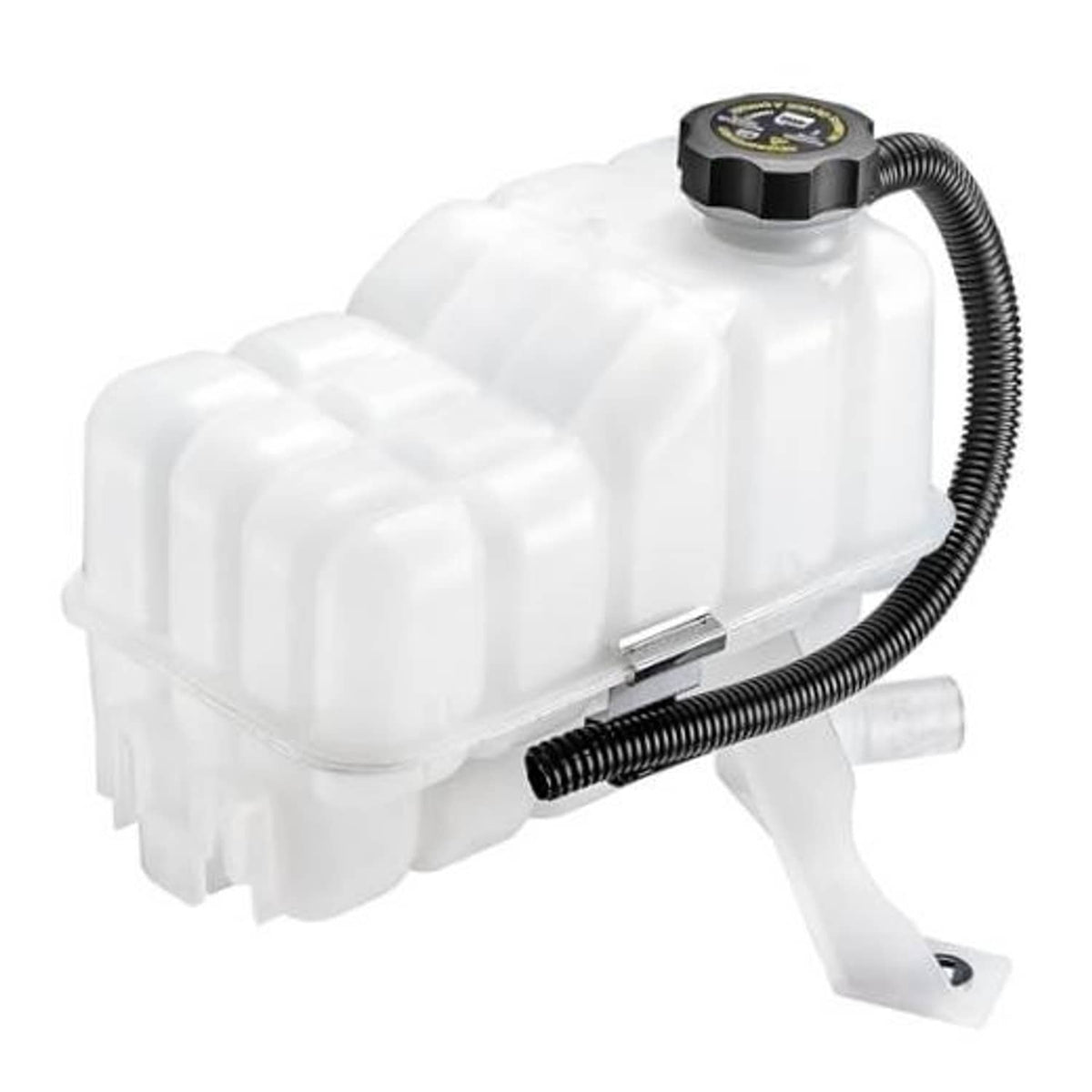 White engine coolant overflow reservoir tank with black hoses and round cap