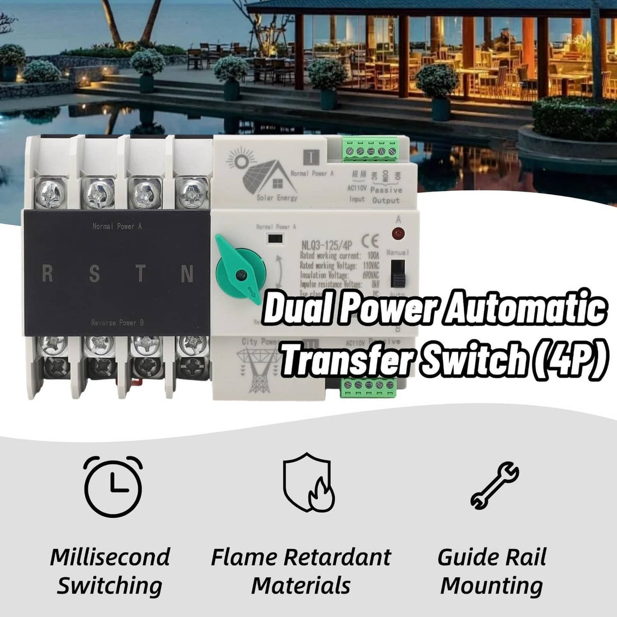 4P dual power automatic transfer switch, front panel with green selector and LEDs