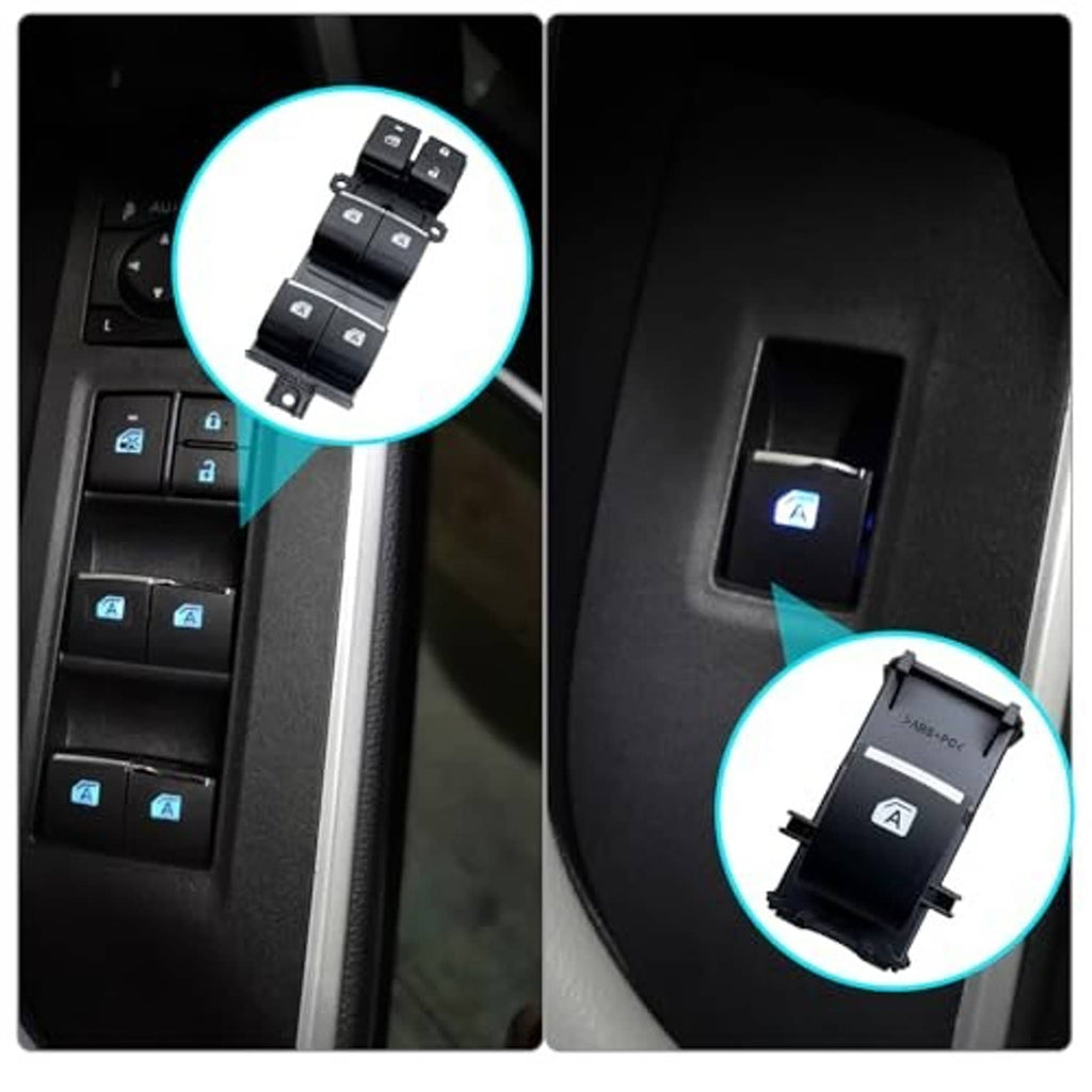 Power window switch panel with illuminated highlights on black rocker switches