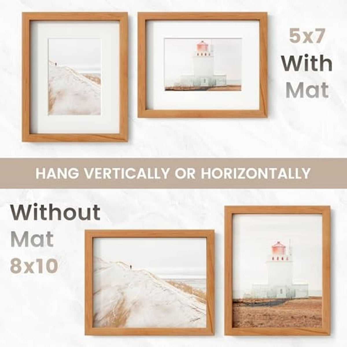 Two natural cherry 8x10 frames shown with and without mat, wall display option