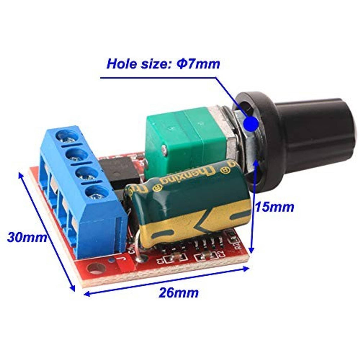 DC motor PWM speed controller module with black knob and blue terminal block