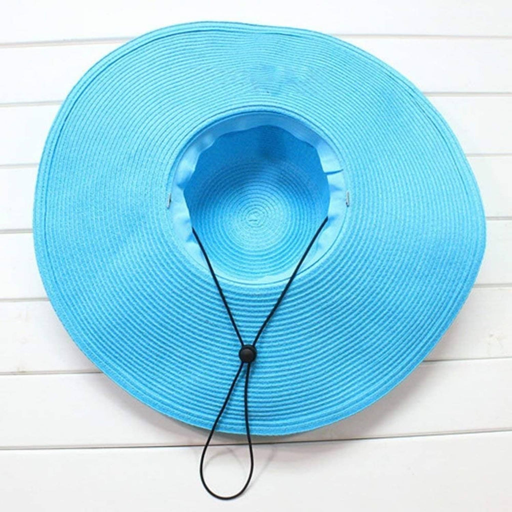 Light blue sun hat with black chin cord and round connector bead