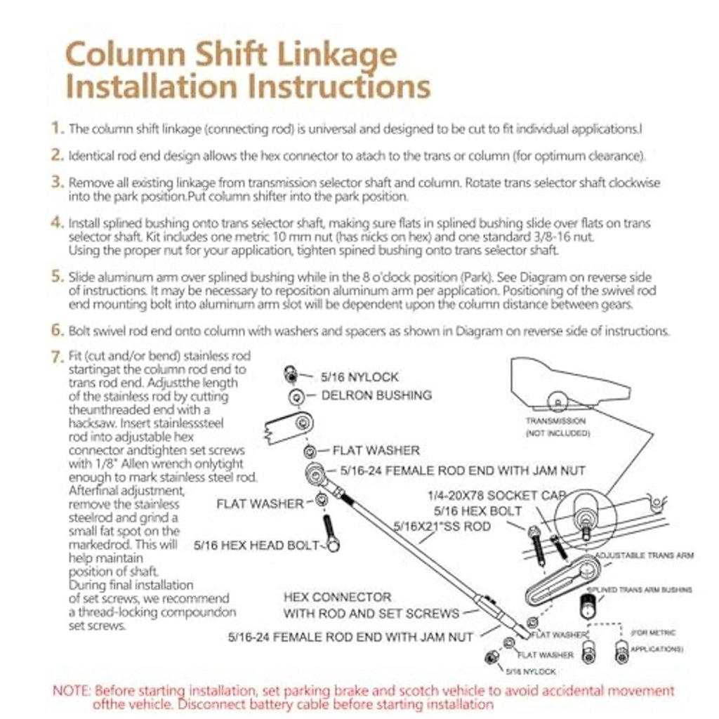 Column shift linkage installation instructions diagram with hardware layout