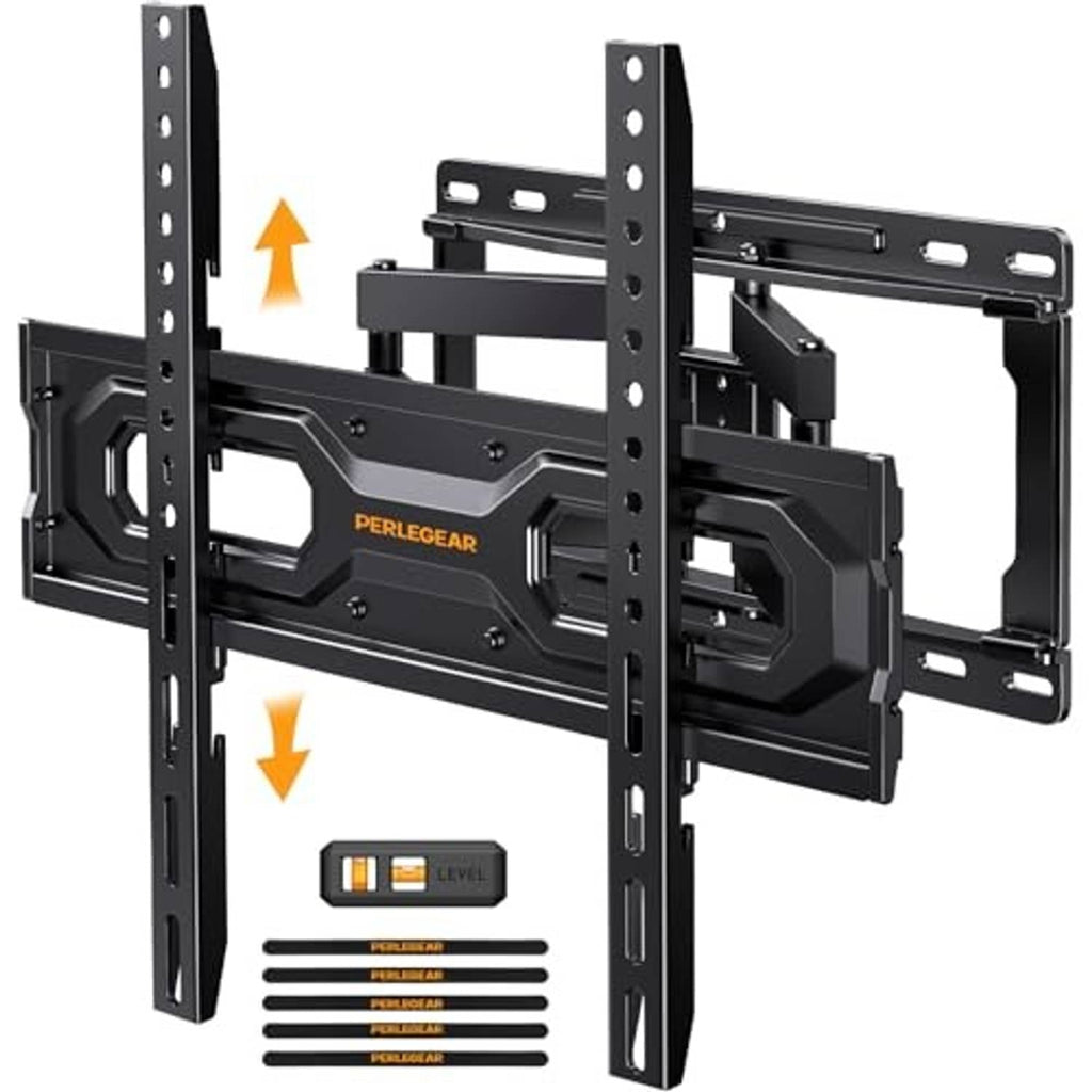 Full-motion TV wall mount with swivel arms, mounting rails, and level accessory