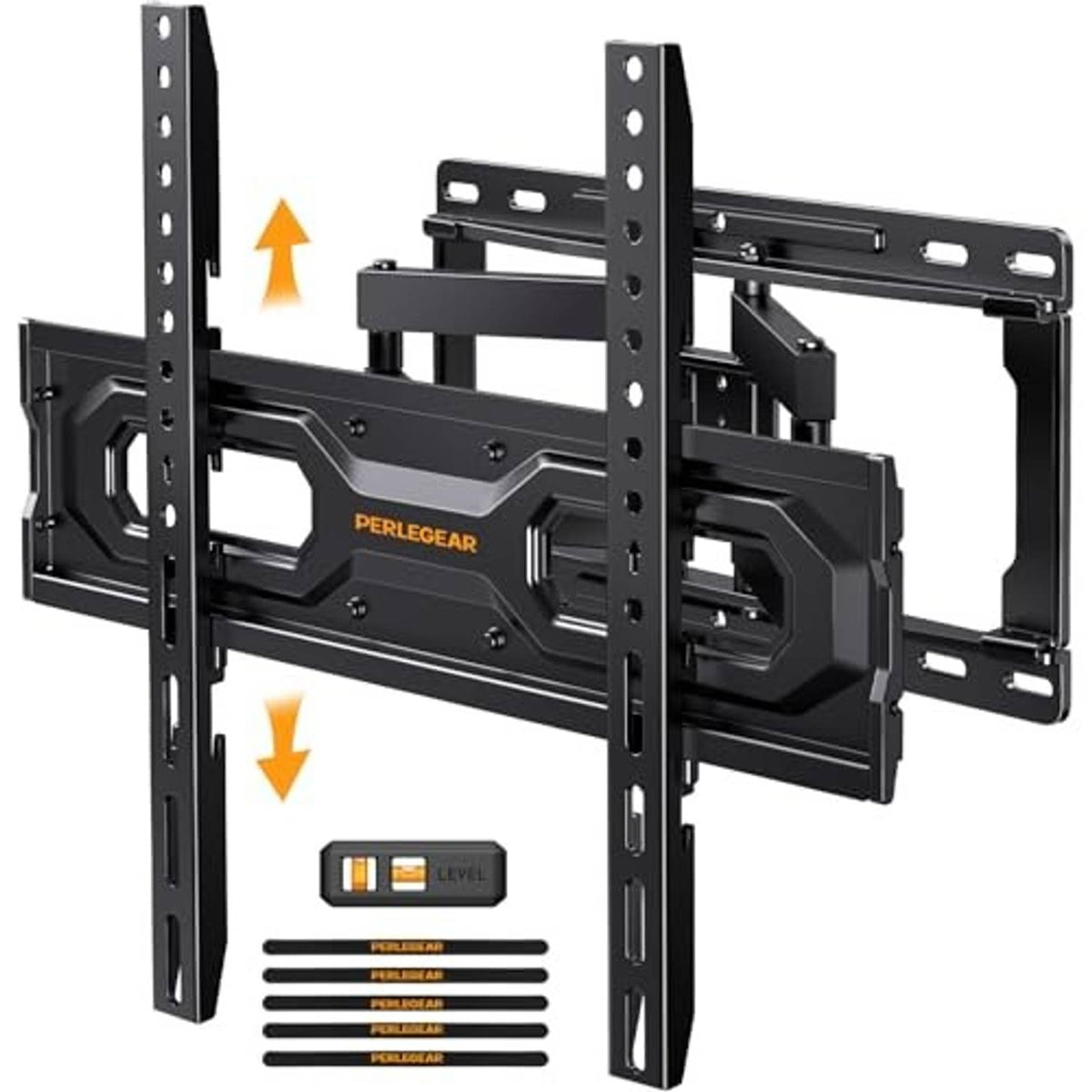 Full-motion TV wall mount with swivel arms, mounting rails, and level accessory