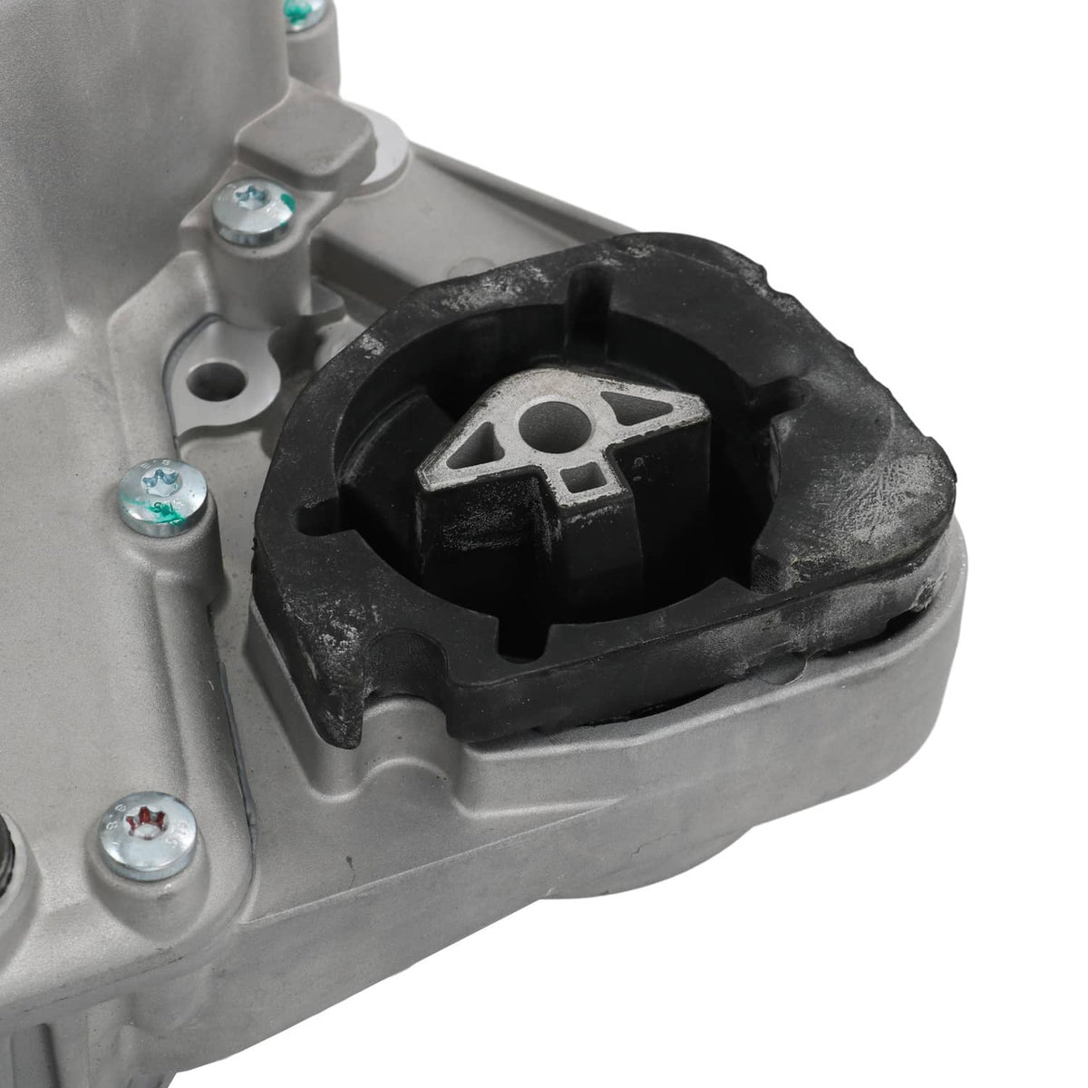 Transfer case mount bracket with black bushing and silver fastener screws