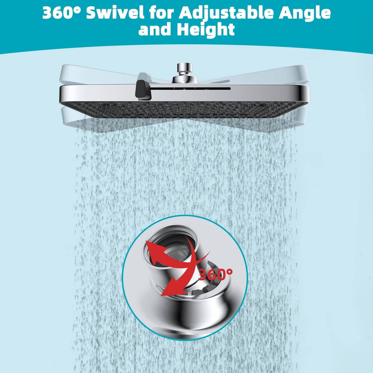 Round rainfall shower head with 360° swivel for adjustable angle and height