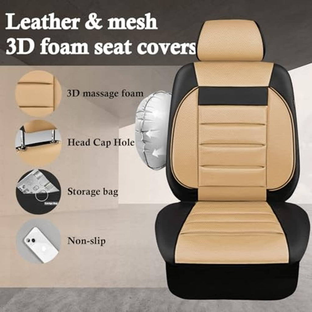 Beige and black faux leather seat cover with quilted lumbar panels and padded head section
