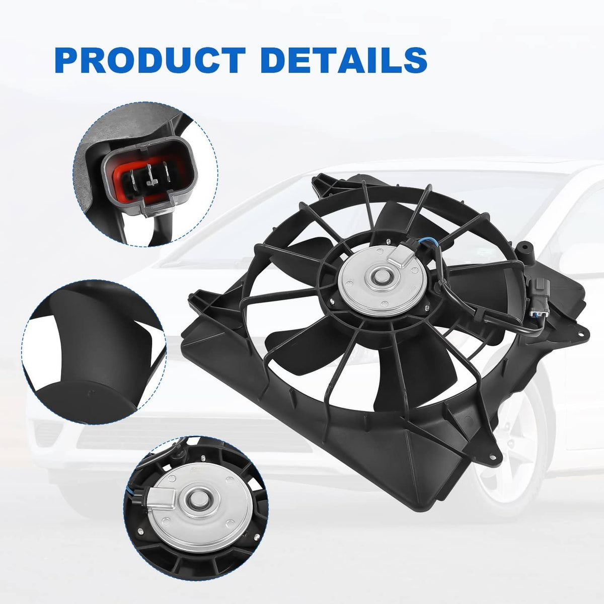 Radiator cooling fan assembly with black fan blades, shroud, and electrical connector detail