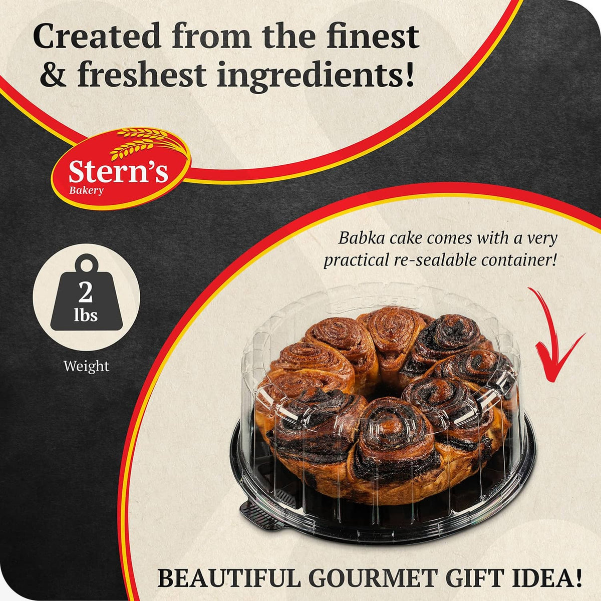 Babka cake gift package showing cake in a clear tray and “gift idea” text