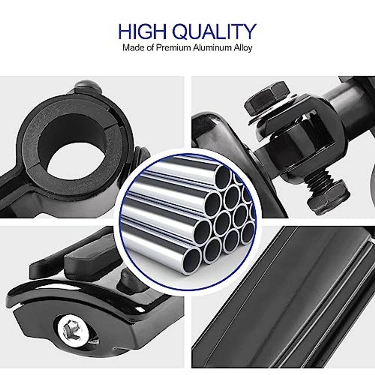 Black motorcycle foot peg step pad and clamp mount, with hardware close-up