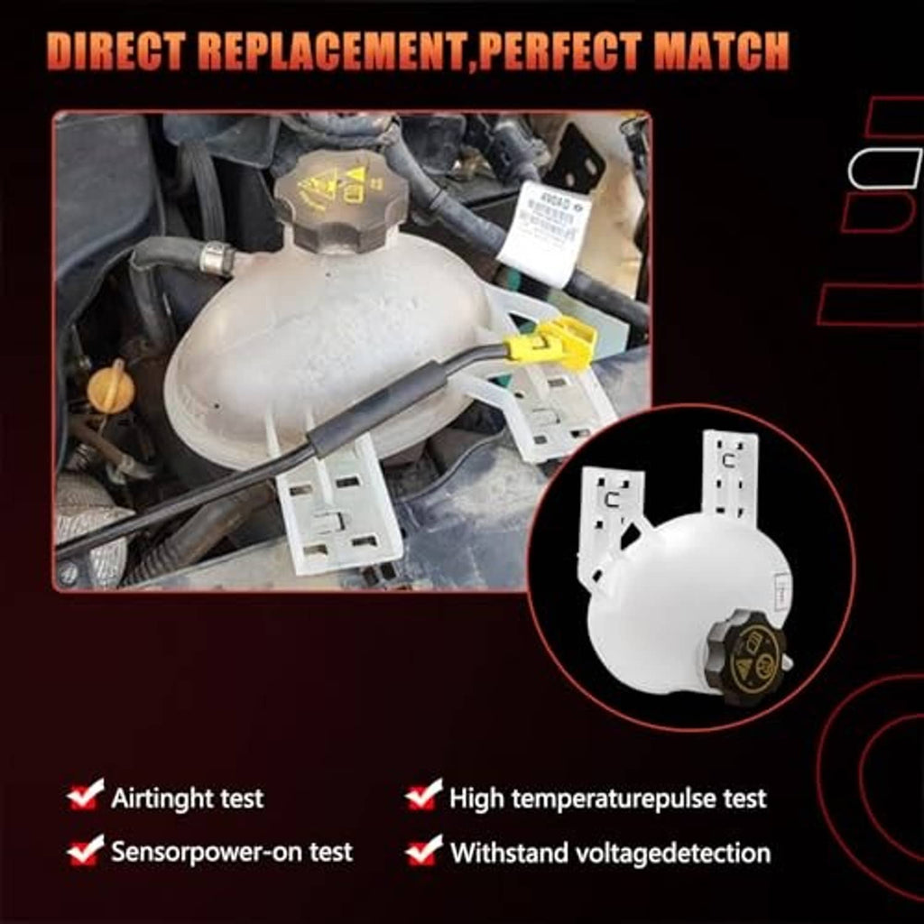 Coolant reservoir expansion tank with electrical connectors shown installed in engine bay