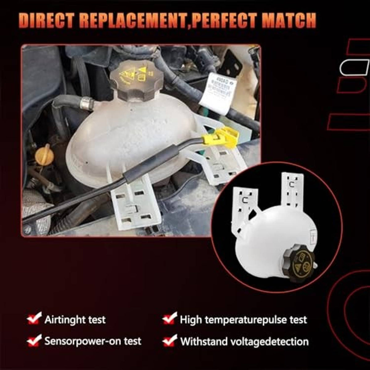 Coolant reservoir expansion tank with electrical connectors shown installed in engine bay