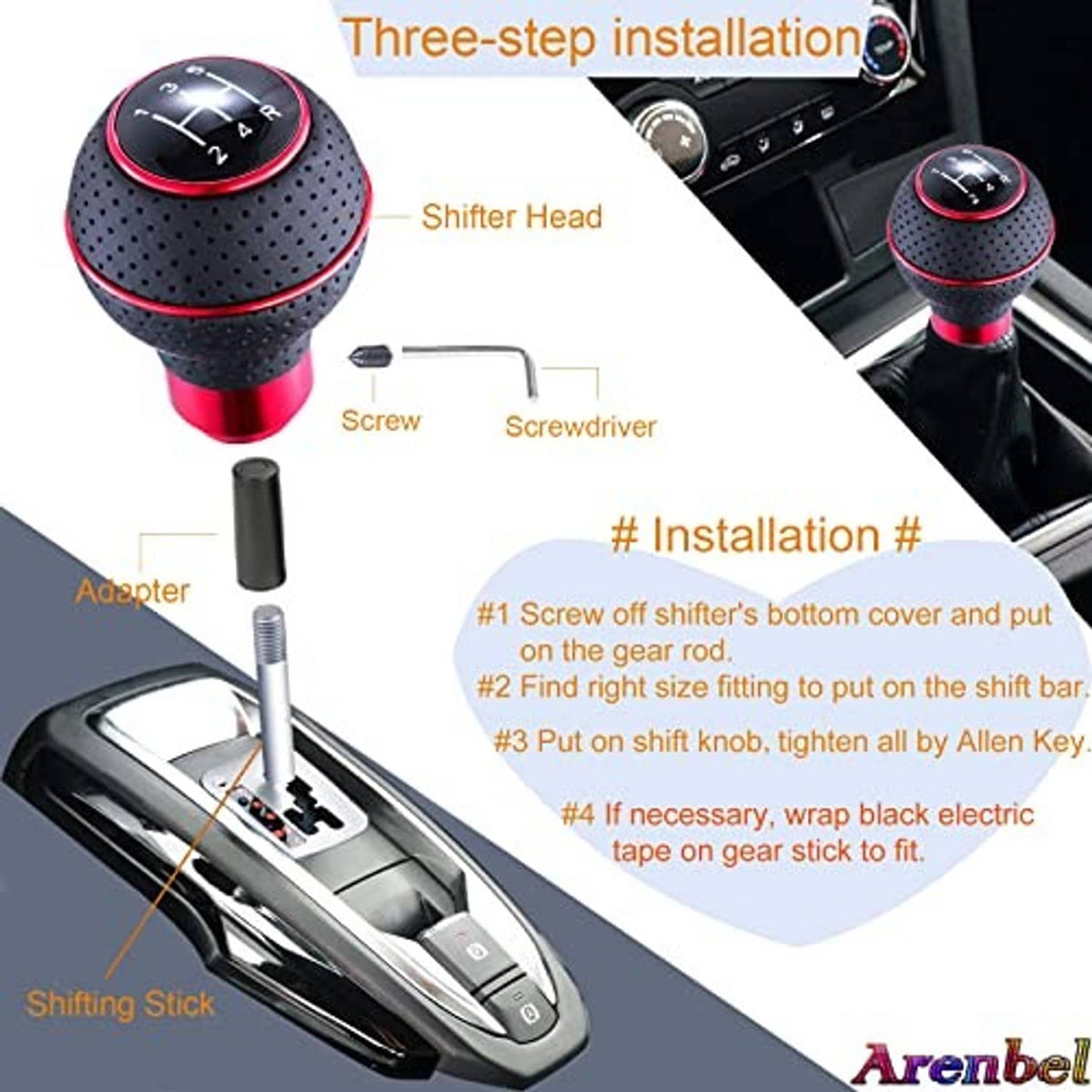 Leather 5-speed shifter knob with adapter and installation tools included