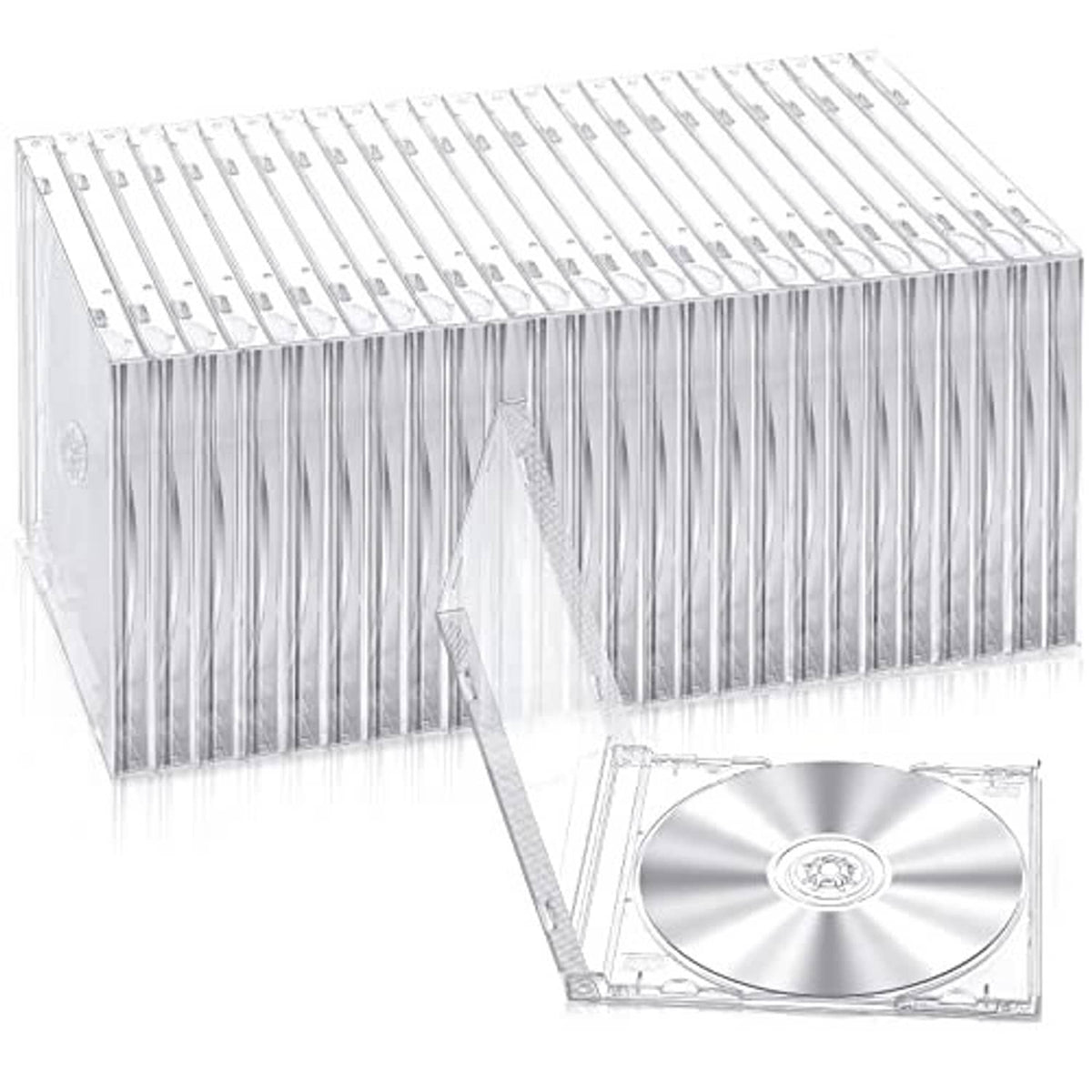 Clear single-CD jewel case set with open lid and silver disc inside