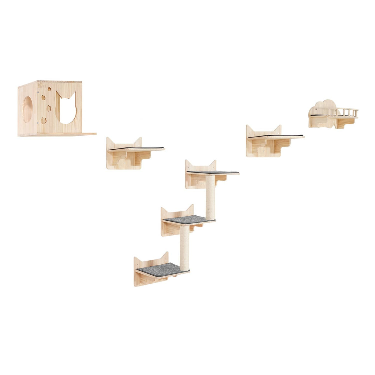Wall-mounted cat shelf set with multiple stepping boards and small enclosed beds