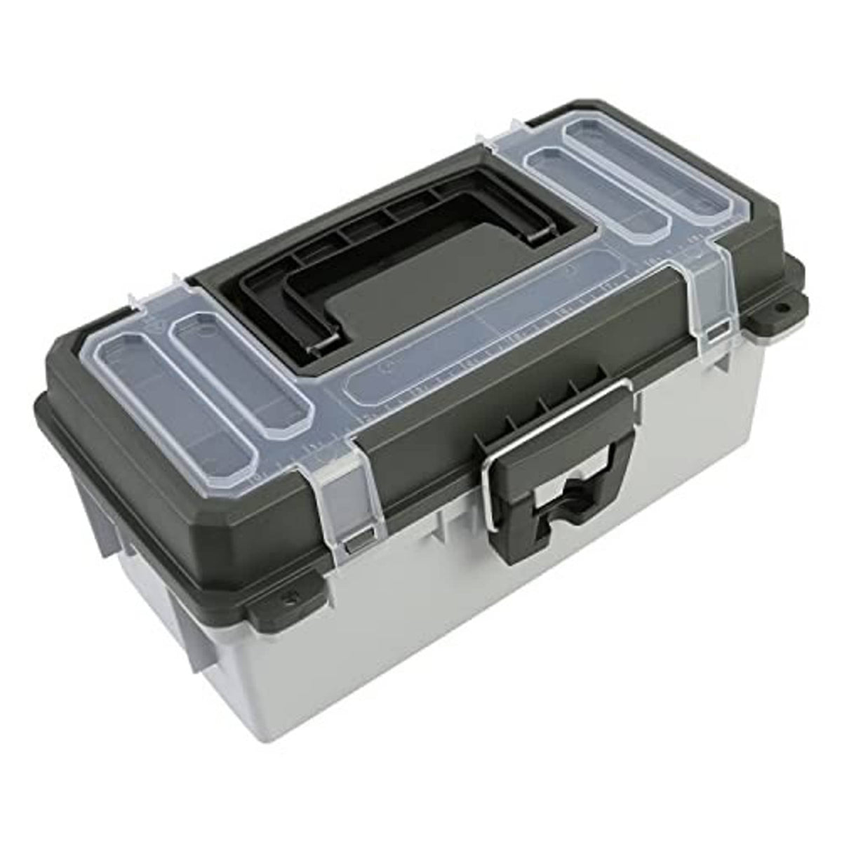 Grey 13-inch tackle box with hinged lid open, molded trays, and side carry latch