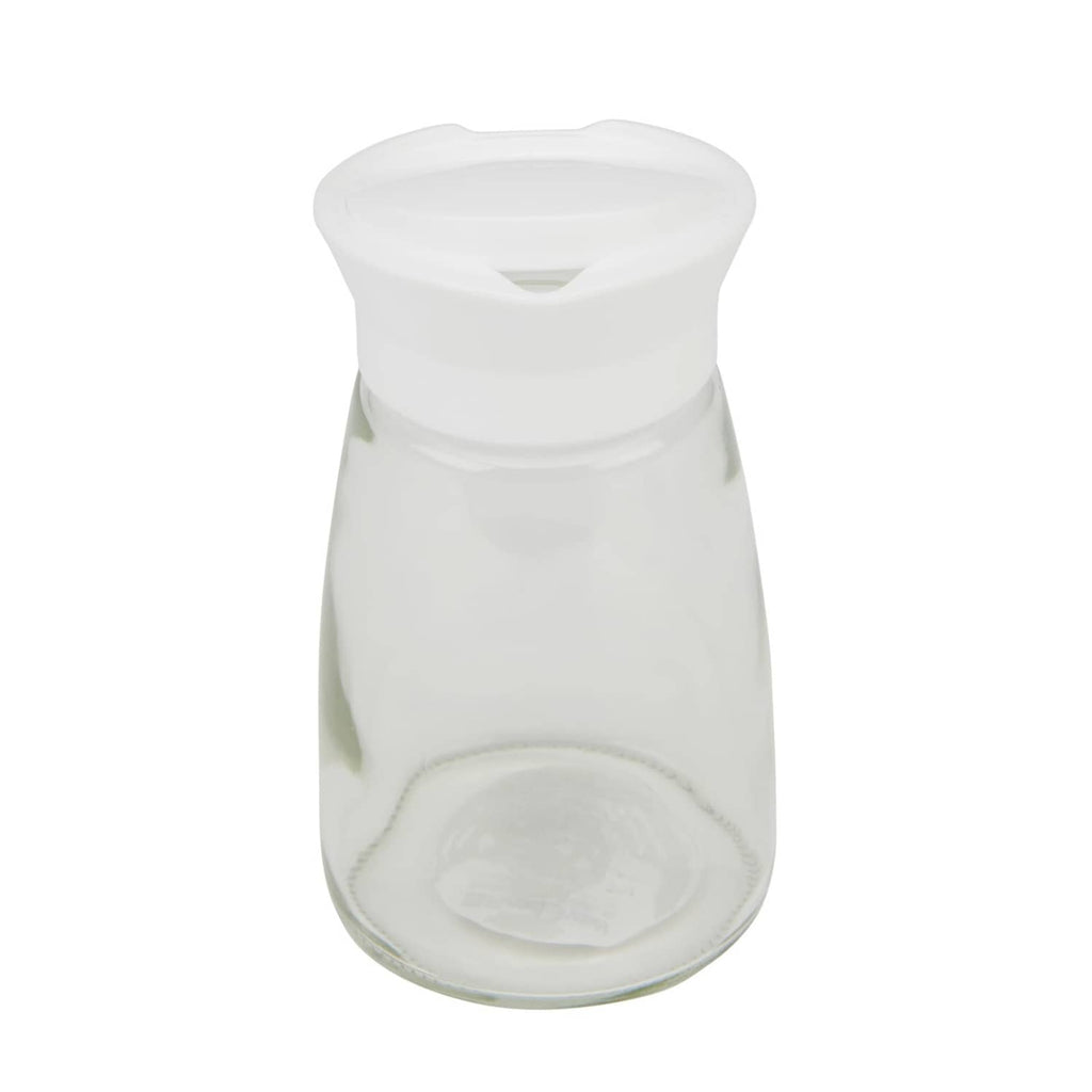 Glass sugar pourer with white pop-up spout and clear body