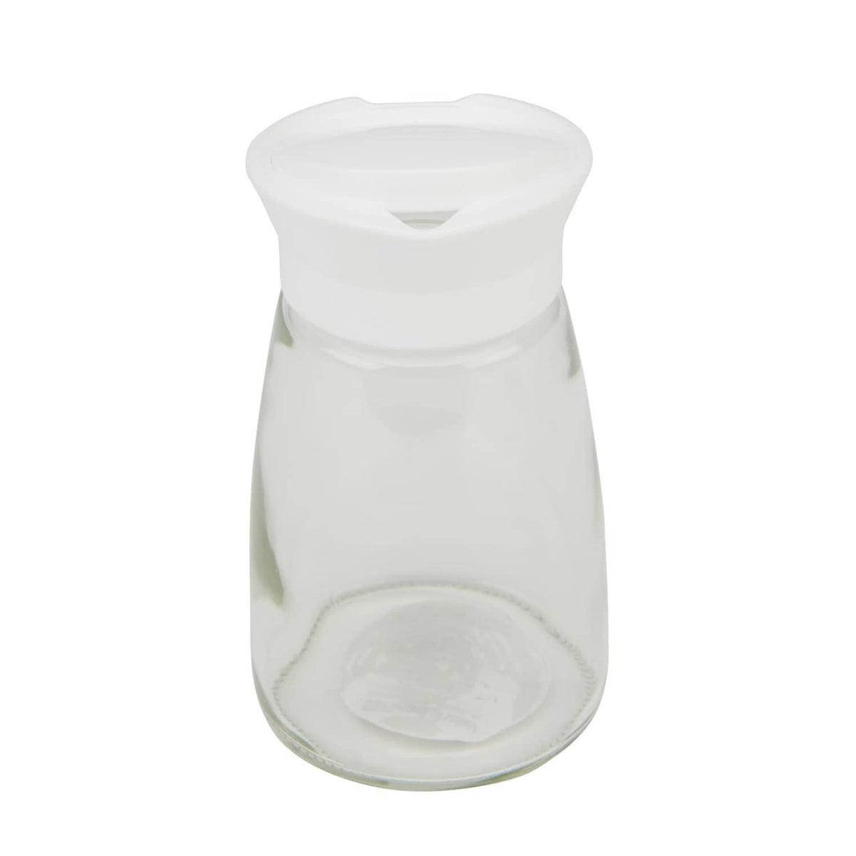 Glass sugar pourer with white pop-up spout and clear body