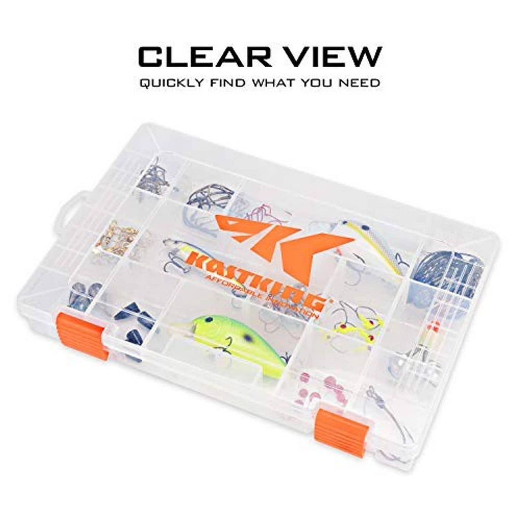 Clear plastic tackle box with orange latch, visible fishing lures in compartments