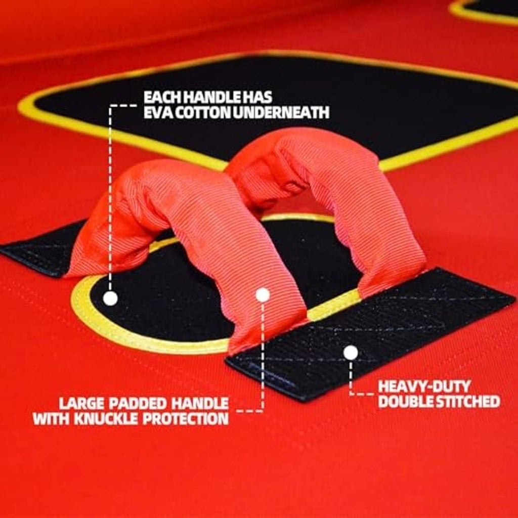 Inflatable pull tube handle detail: large padded knuckle-protected grips with red straps.