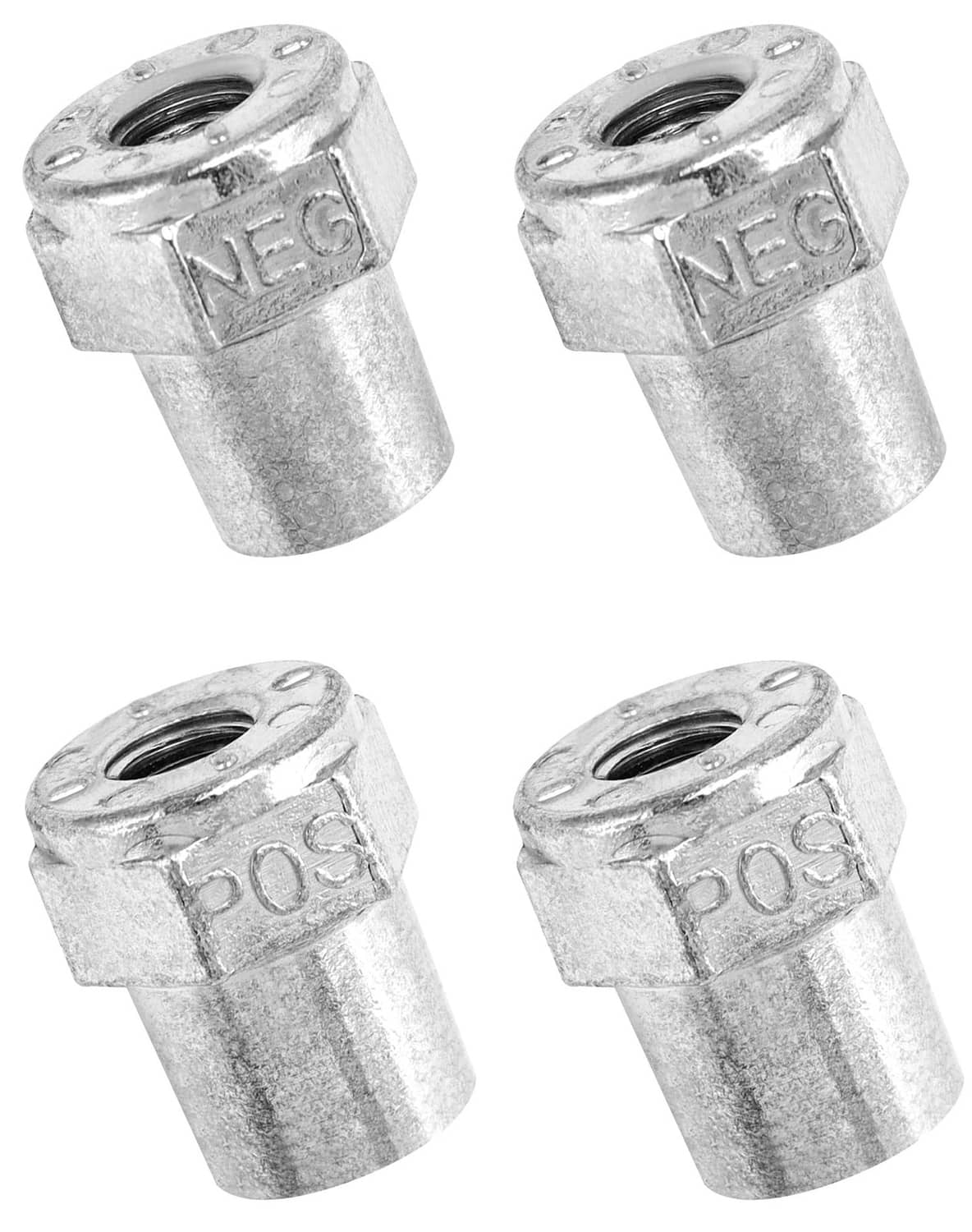 Set of zinc alloy battery terminals showing POS and NEG markings from top angle.