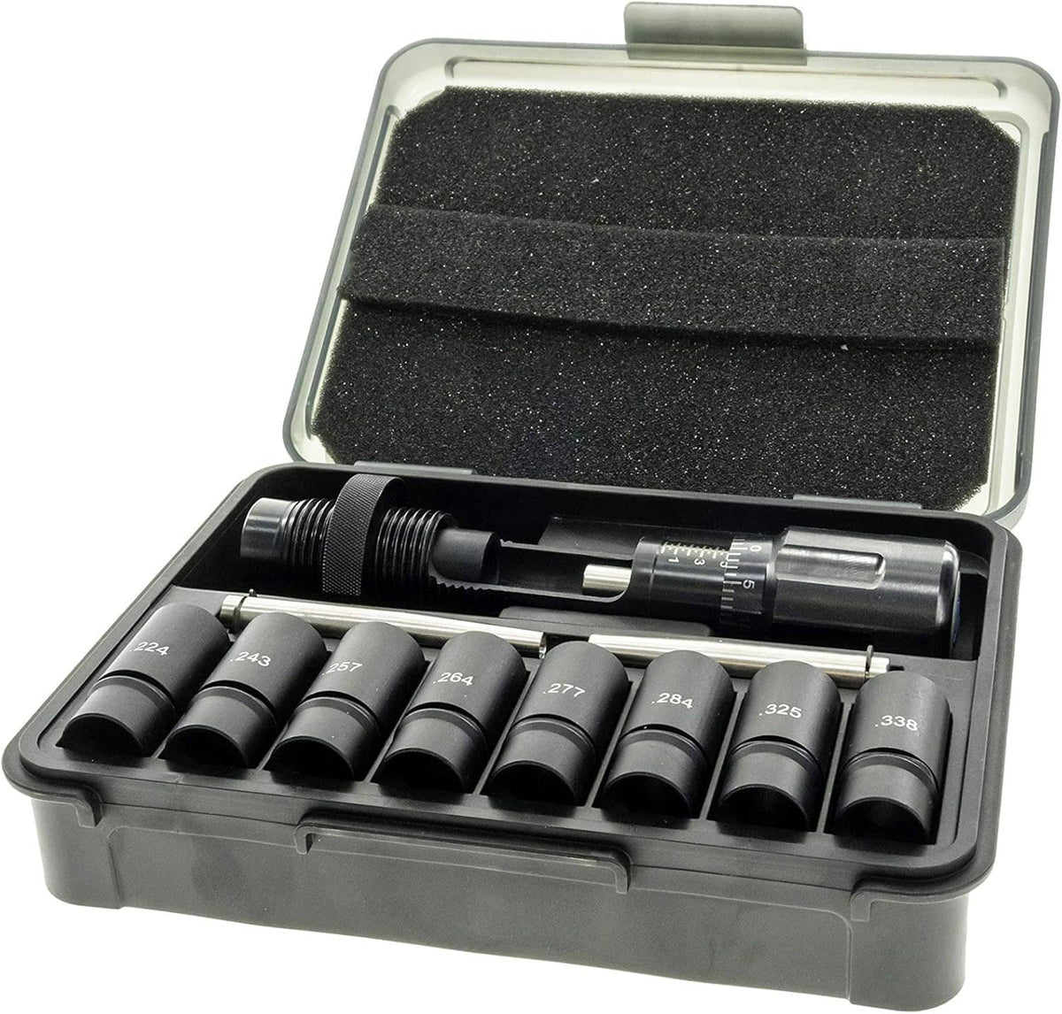Bullet seating die set in open hard case with micrometer stem and caliber inserts