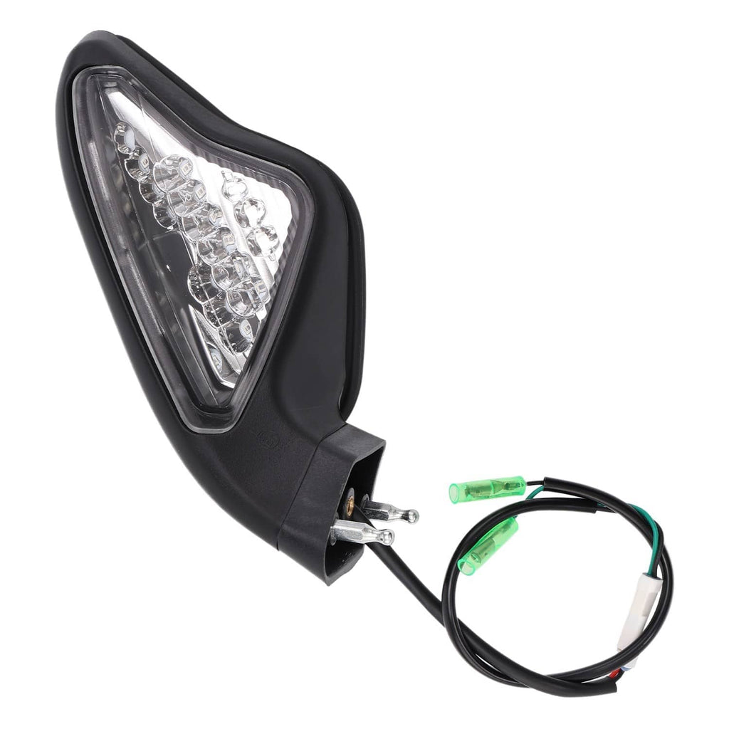 Close-up black motorcycle rearview mirror with clear LED turn signal lens and wire