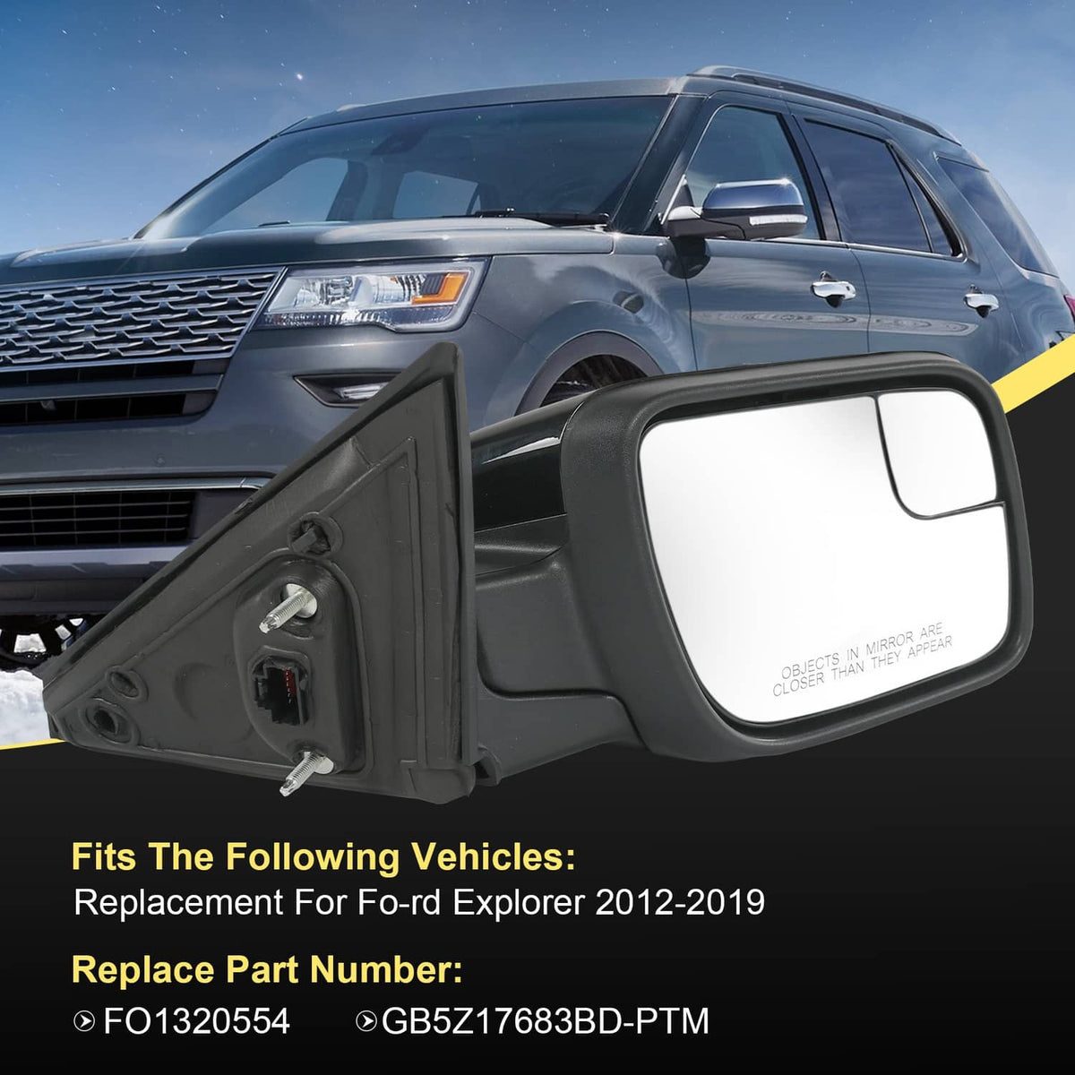 Black right door mirror assembly with visible connector port on the back