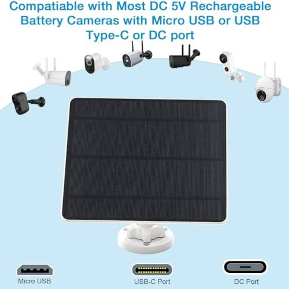 Black solar panel with white wall mount for charging compatible DC 5V cameras