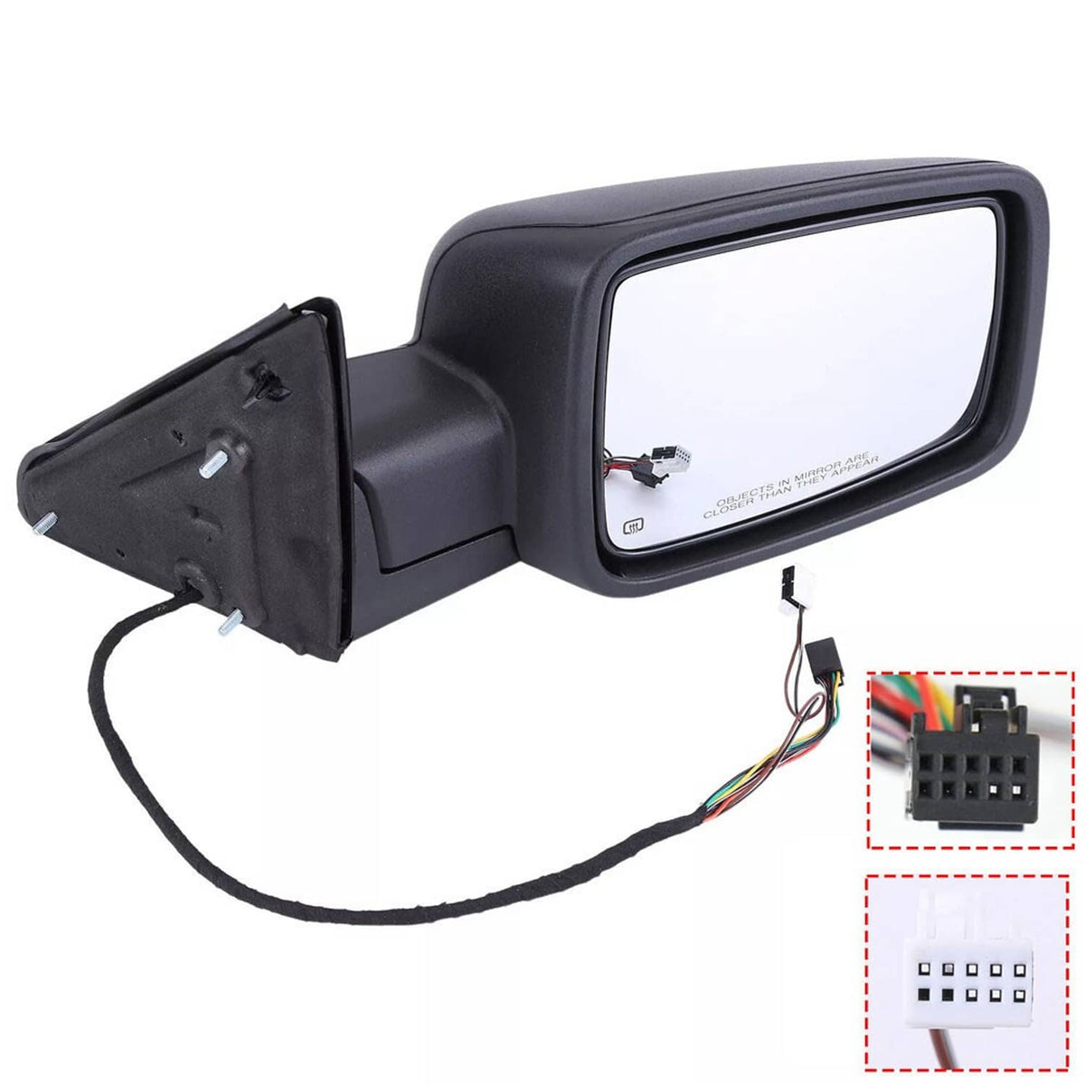 Right side heated power mirror housing with wiring harness and connector plugs