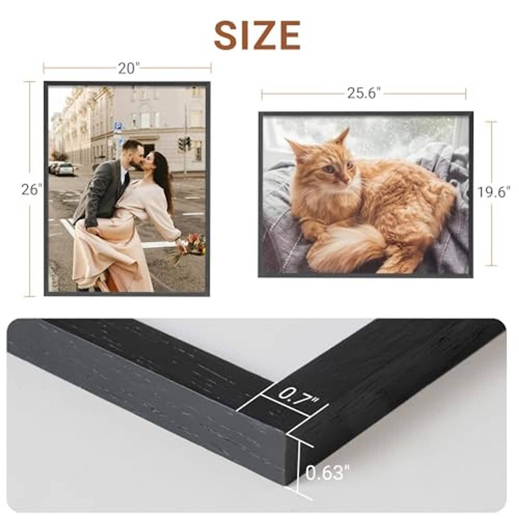 20x26 black wood picture frame with slim profile and corner connector detail