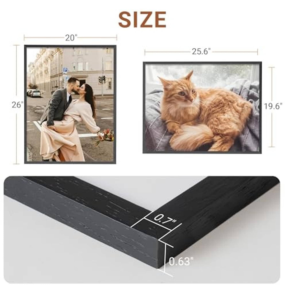 20x26 black wood picture frame with slim profile and corner connector detail
