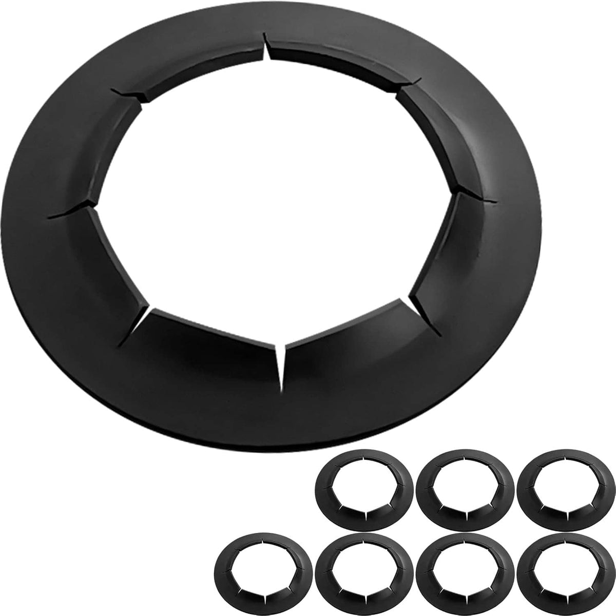 Black push-on pushnut lock washer set, one large ring plus 8 small pieces