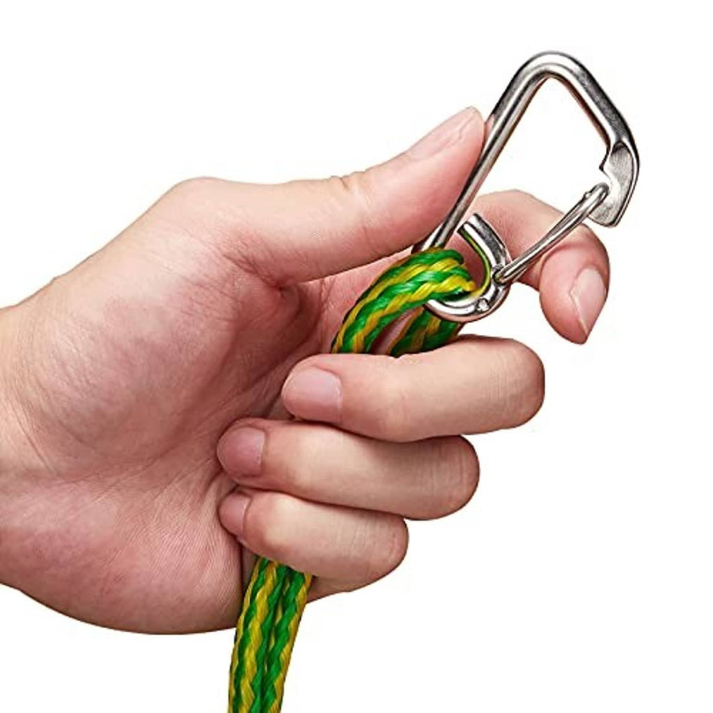 Metal carabiner clip with braided green rope and yellow buoy