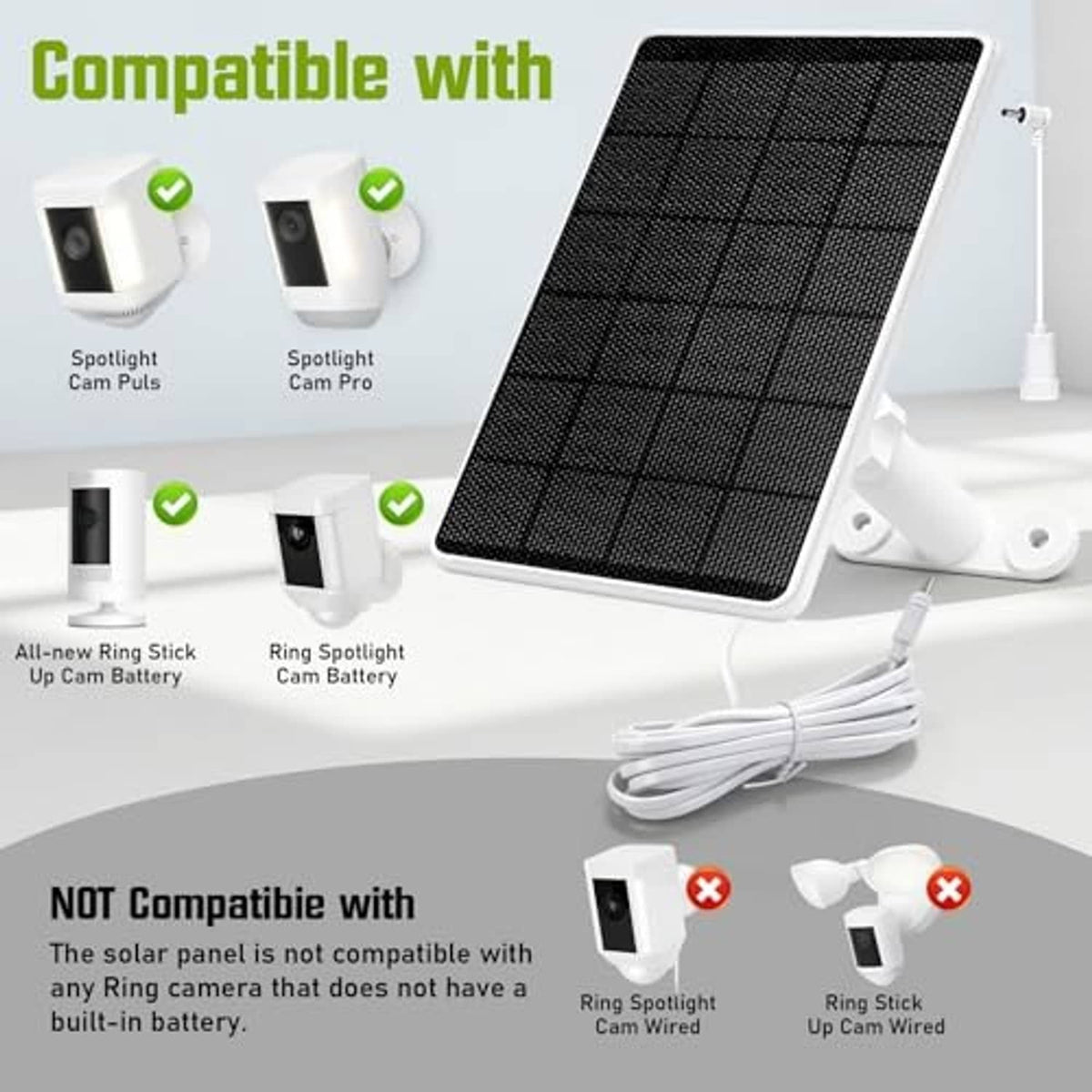 Solar panel camera kit showing compatible mounts and wall mounting accessories