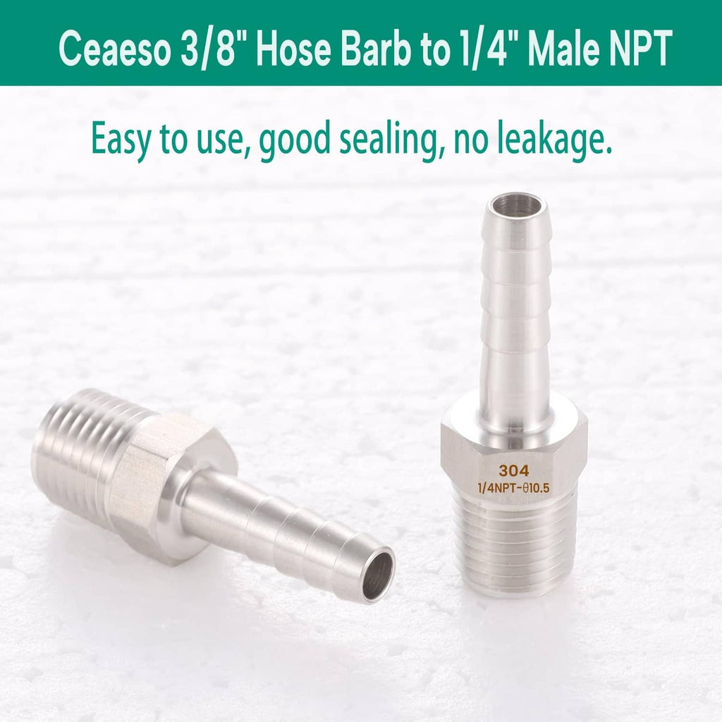 304 stainless steel hose barb fitting, 3/8 barbed end to 1/4 male NPT, angled view