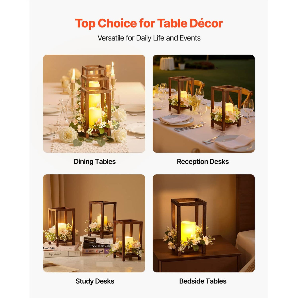Brown wooden lanterns with LED candles for table decor and event displays