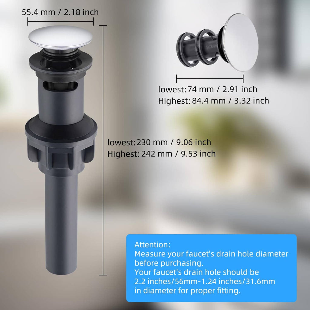 Universal sink drain with overflow, chrome stopper with height and diameter measurement chart