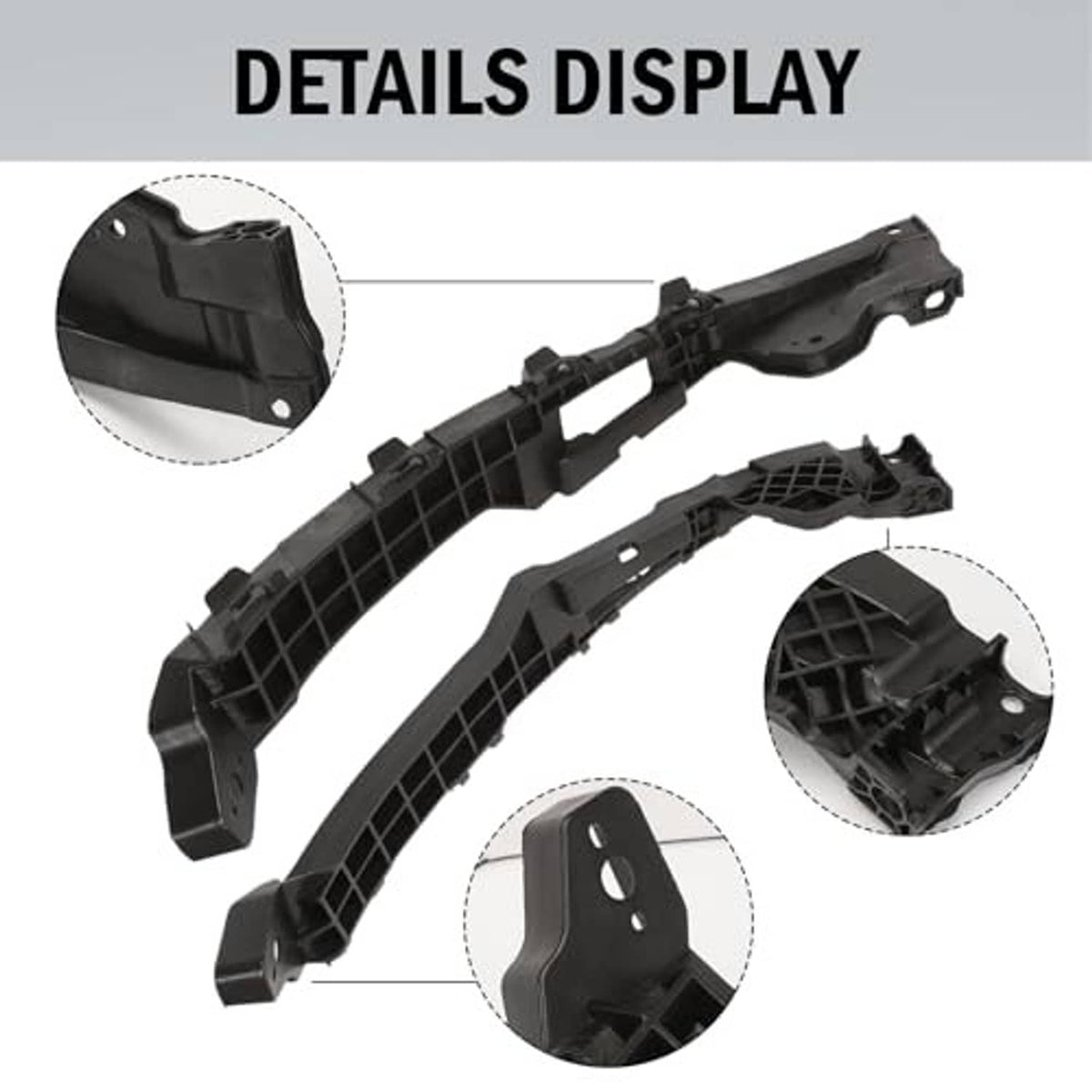 Two dark plastic headlight bracket mount retainers with molded grid structure