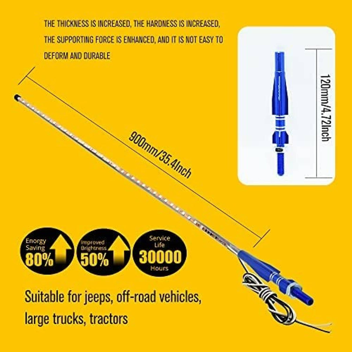 Blue RGB LED whip antenna light with clear bead strip and blue base connector