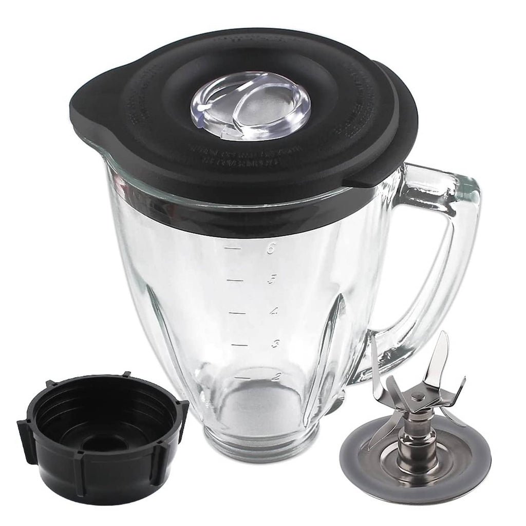 6-cup clear glass blender jar with black lid and stainless blade assembly