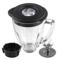 6-cup clear glass blender jar with black lid and stainless blade assembly