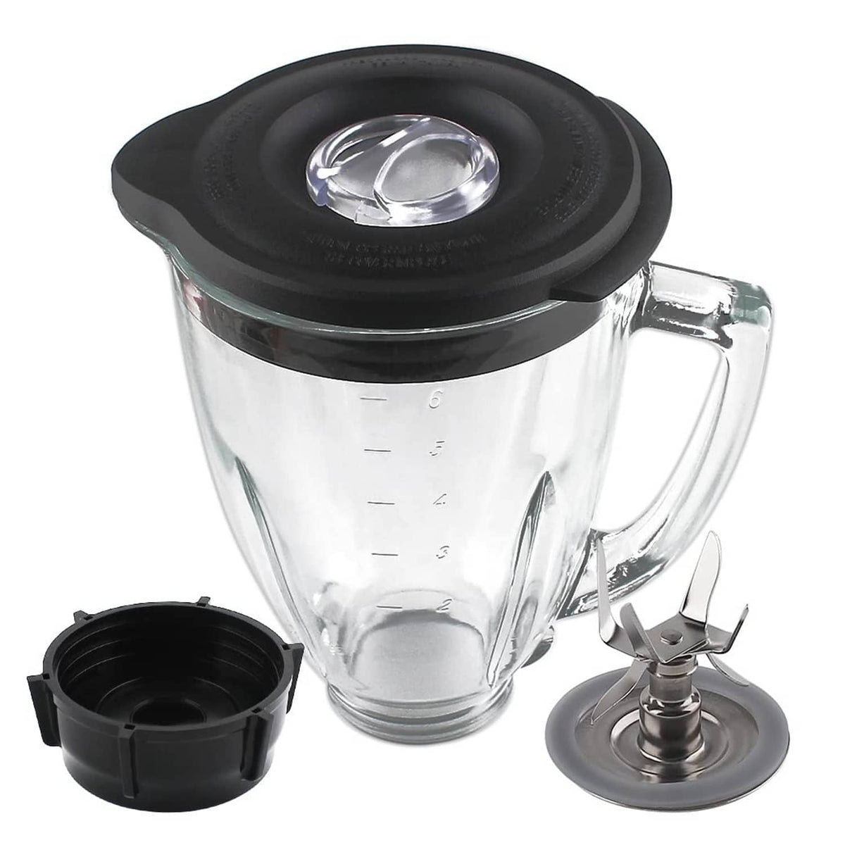 6-cup clear glass blender jar with black lid and stainless blade assembly