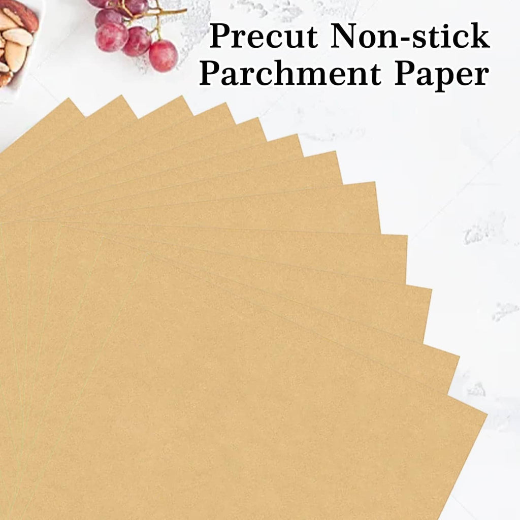 Precut non-stick parchment paper sheets, unbleached brown stack of liners