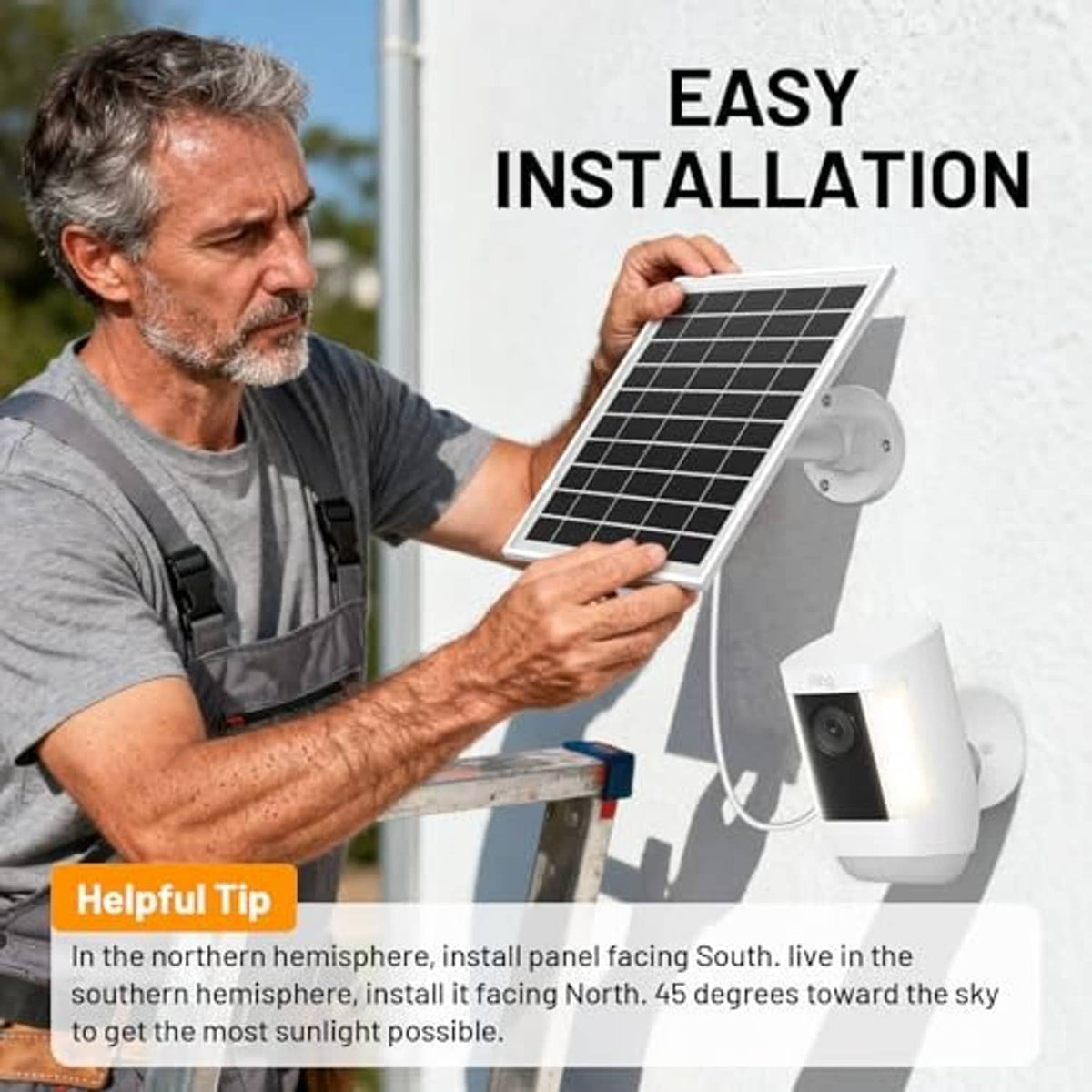 Solar panel installation with white frame black cells mounted on a wall by a man