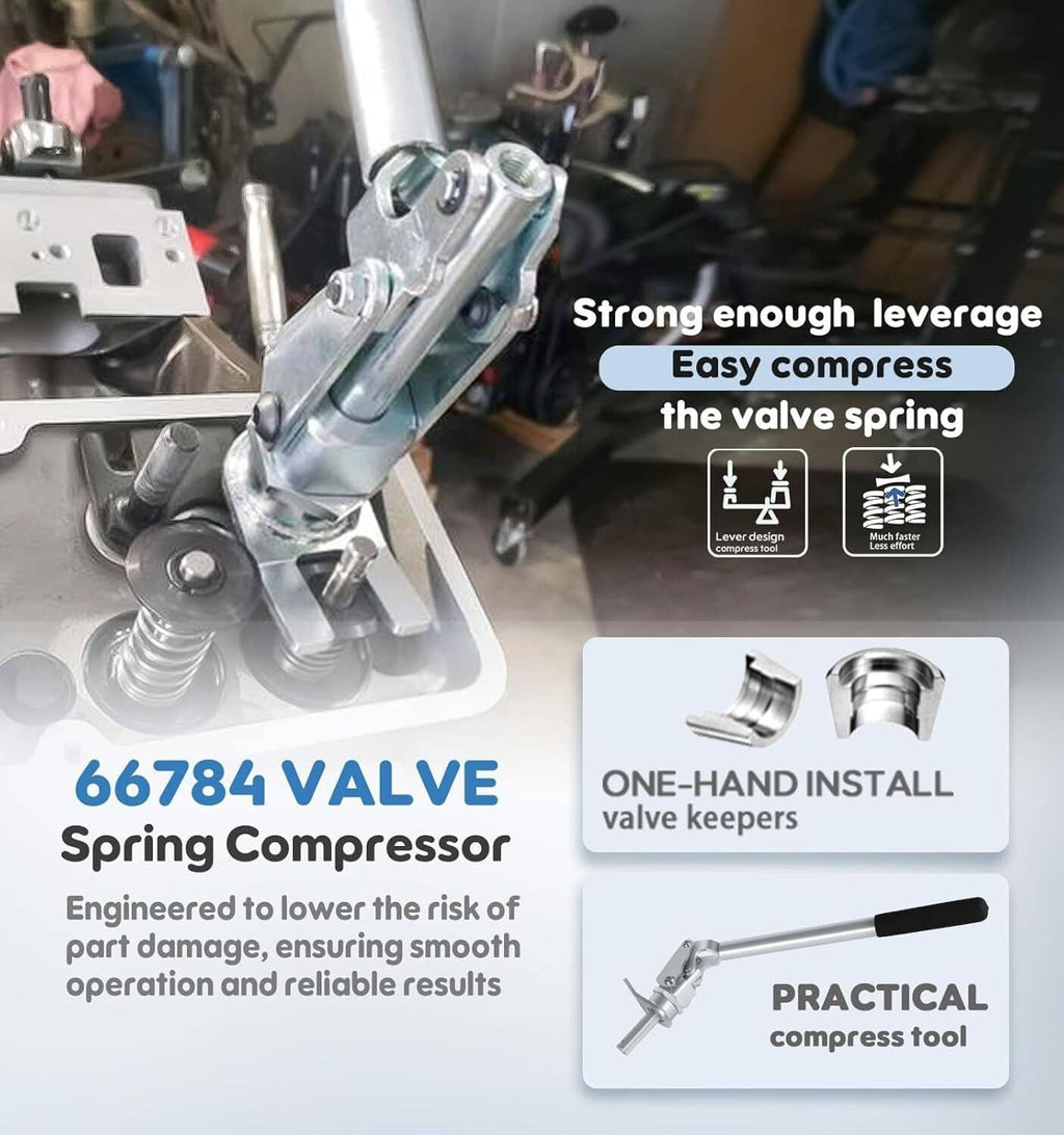 Valve spring compressor tool clamped on valve spring with metal press head and lever